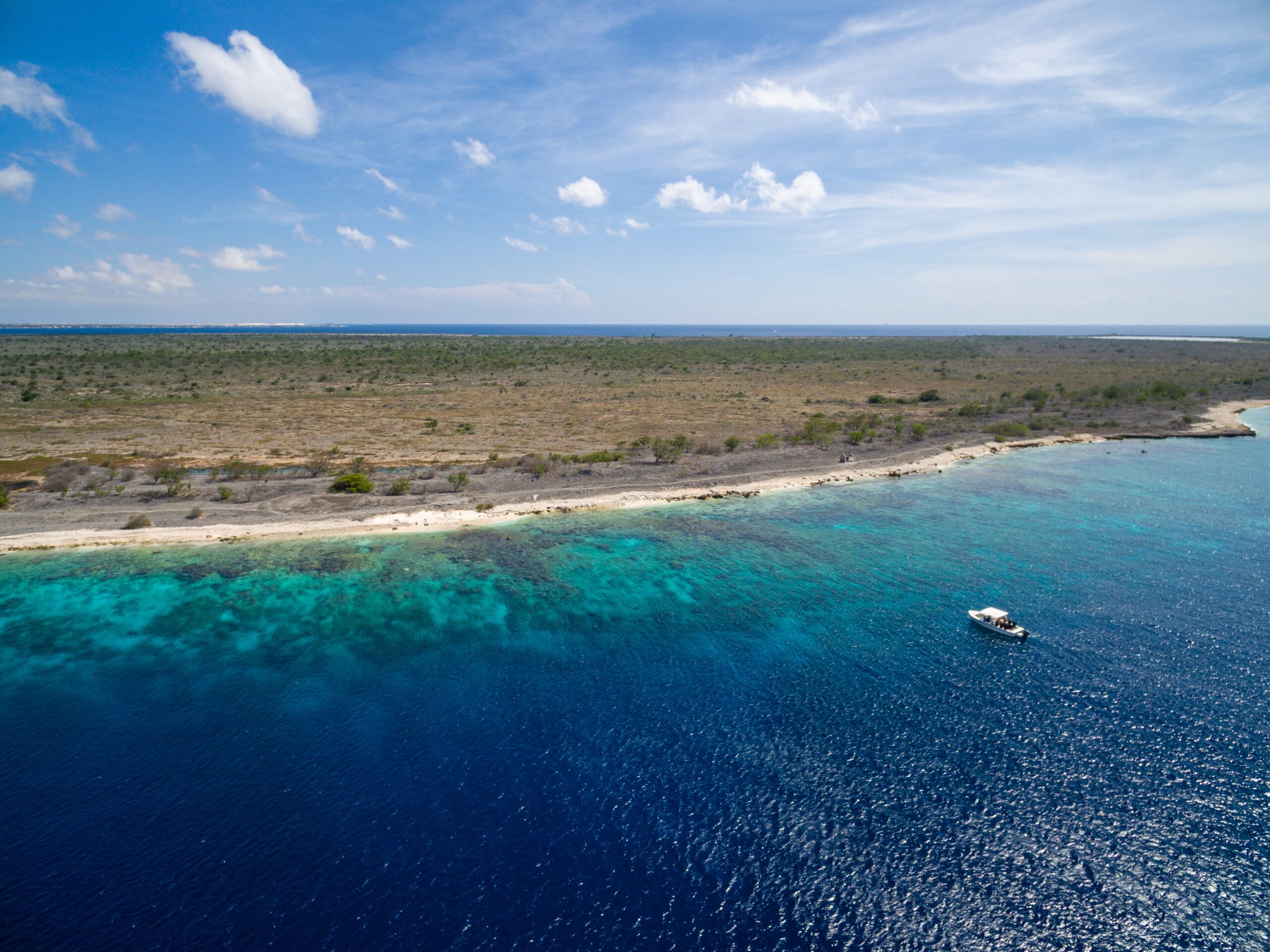 A high angel shot of a beautiful exotic tropical island in Bonaire, Caribbean